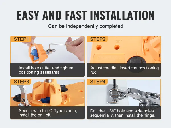 easy steps for VEVOR cabinet hinge jig installation: cutter, dial, c-clamp, drill, and hinge.
