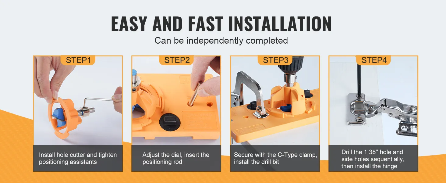 easy steps for VEVOR cabinet hinge jig installation: cutter, dial, c-clamp, drill, and hinge.