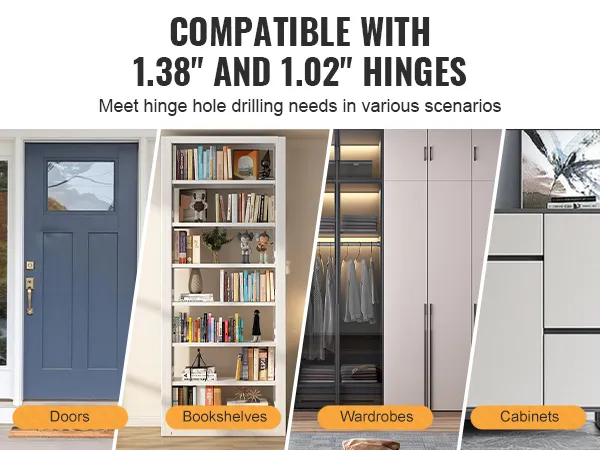 compatible with 1.38" and 1.02" hinges for doors, bookshelves, wardrobes, and cabinets. VEVOR cabinet hinge jig