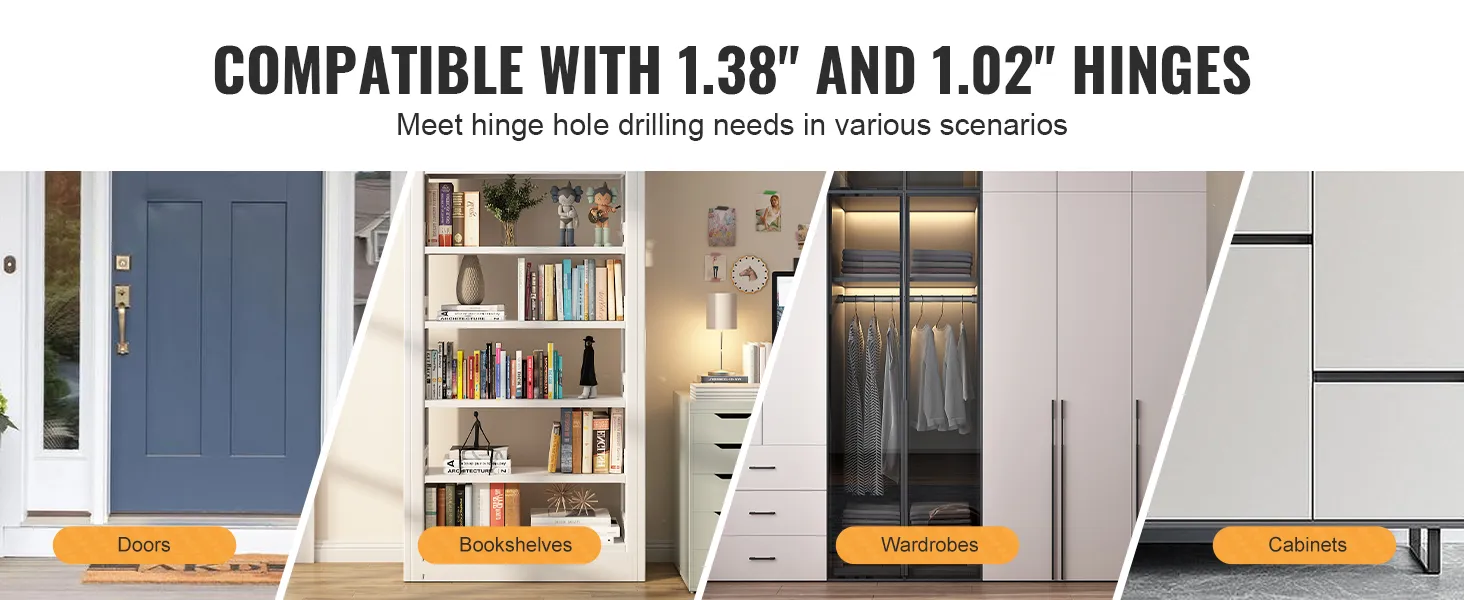 compatible with 1.38" and 1.02" hinges for doors, bookshelves, wardrobes, and cabinets. VEVOR cabinet hinge jig