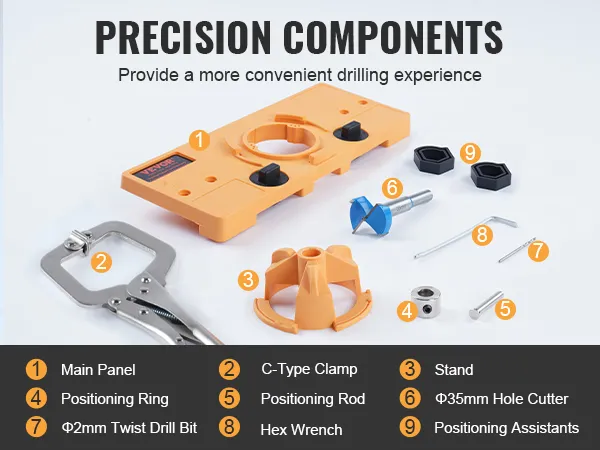 VEVOR cabinet hinge jig with main panel, c-type clamp, stand, positioning ring, and 35mm hole cutter.