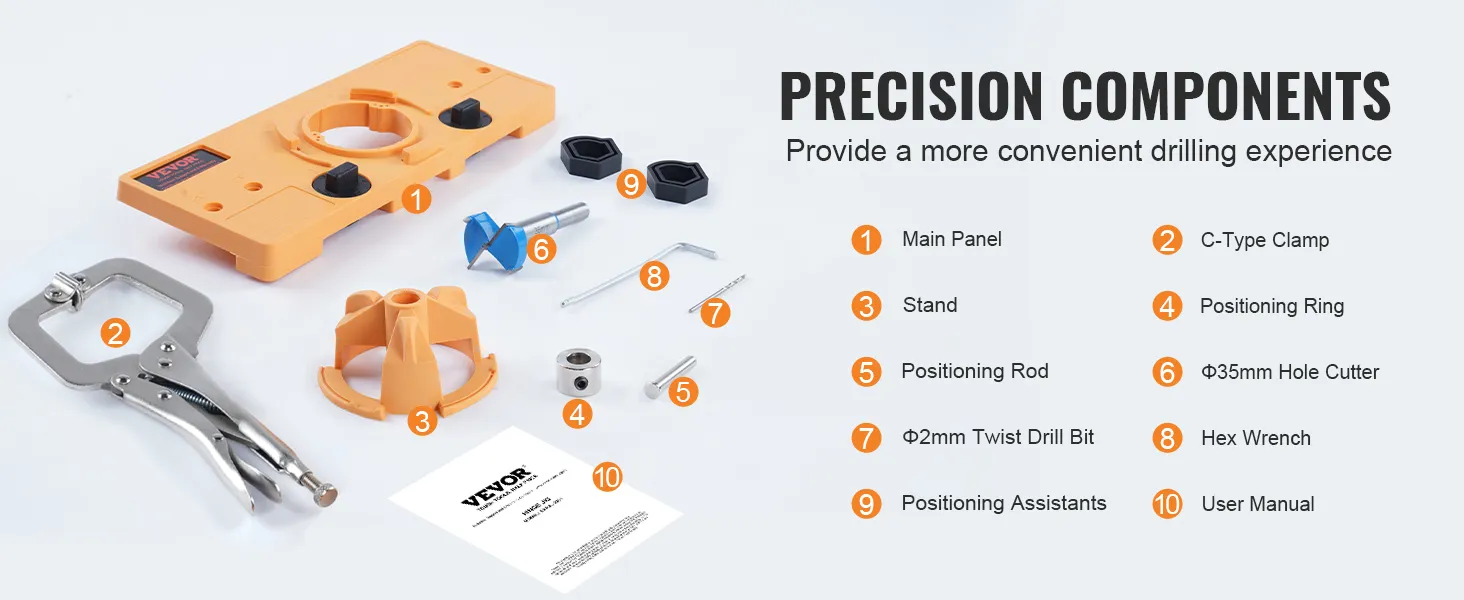 VEVOR cabinet hinge jig with main panel, c-type clamp, stand, positioning ring, and 35mm hole cutter.