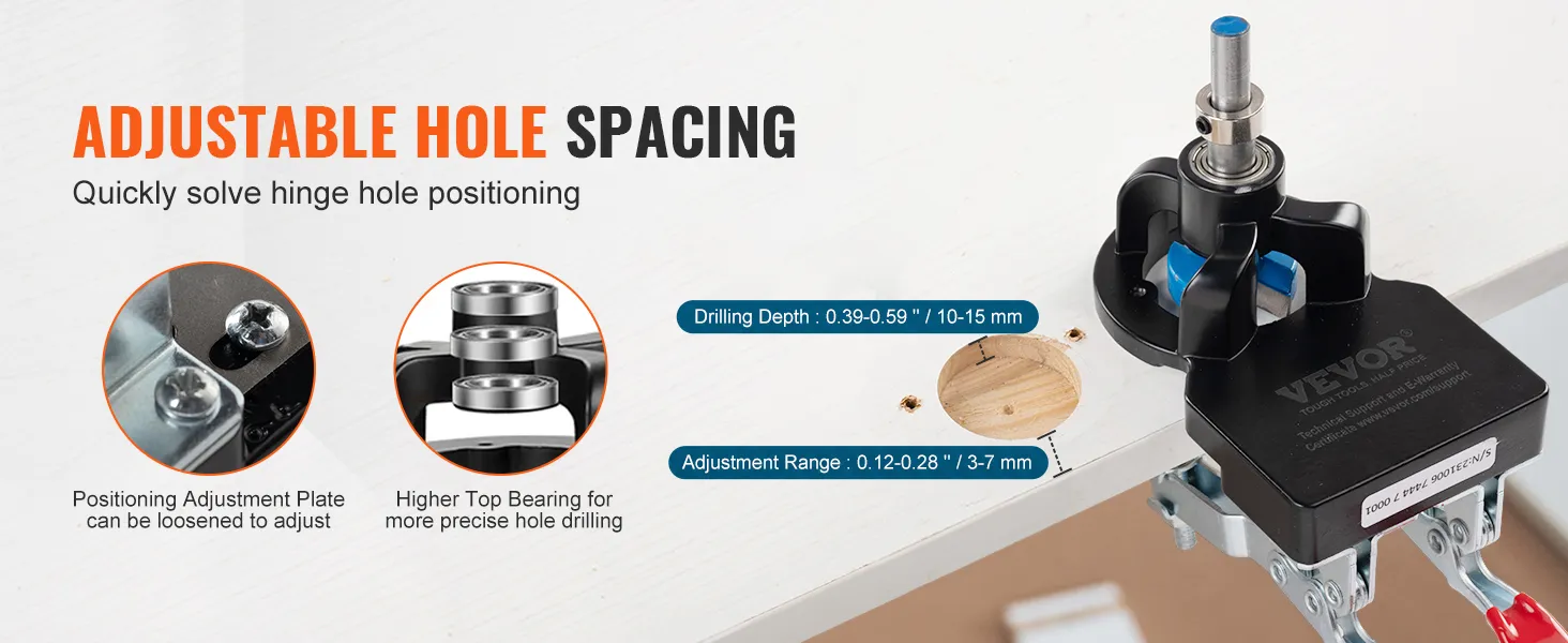 adjustable hole spacing for the VEVOR door hinge jig shown with positioning plate and higher top bearing.