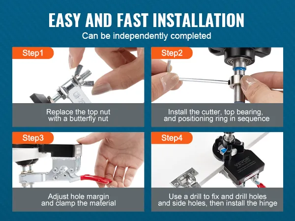 VEVOR door hinge jig being installed in four steps for easy and fast installation.