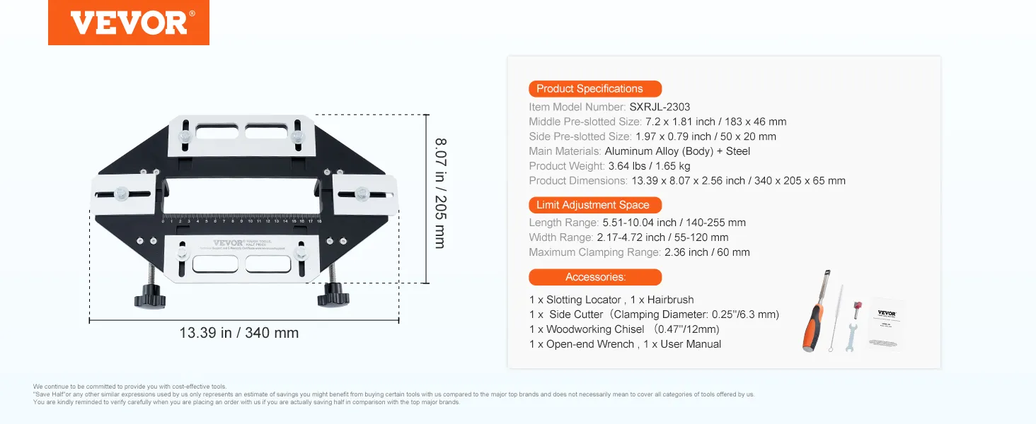 Szablon do montażu zawiasów drzwiowych VEVOR, wymiary 13,39 x 8,07 cala, aluminiowy i stalowy, z dołączonymi narzędziami i instrukcją.