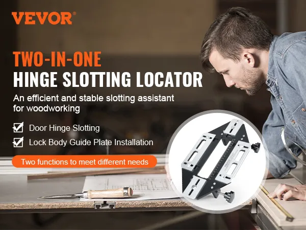 Szablon do montażu zawiasów drzwiowych VEVOR: dwufunkcyjny lokalizator otworów na zawiasy do precyzyjnej obróbki drewna oraz montaż płytki prowadzącej korpusu zamka.