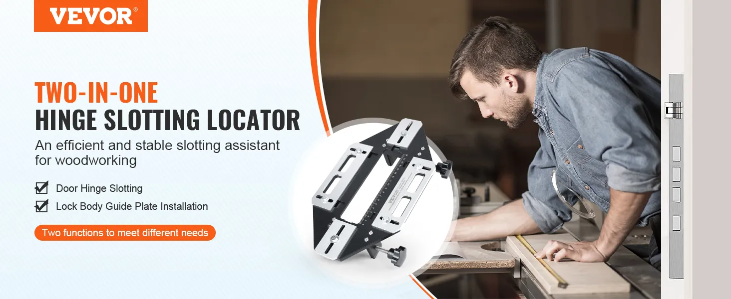 Szablon do montażu zawiasów drzwiowych VEVOR: dwufunkcyjny lokalizator otworów na zawiasy do precyzyjnej obróbki drewna oraz montaż płytki prowadzącej korpusu zamka.