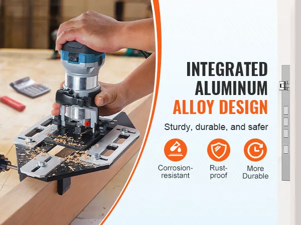 Szablon do montażu zawiasów drzwiowych VEVOR używany z frezarką, podkreślający zintegrowaną konstrukcję ze stopu aluminium, odporny na korozję.