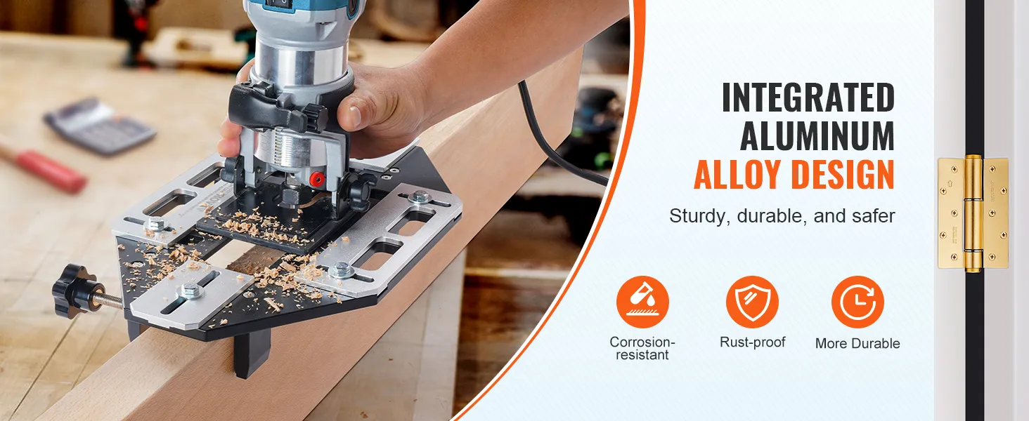 Szablon do montażu zawiasów drzwiowych VEVOR używany z frezarką, podkreślający zintegrowaną konstrukcję ze stopu aluminium, odporny na korozję.