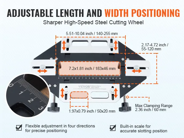 Szablon do montażu zawiasów drzwiowych VEVOR charakteryzuje się regulowaną długością i szerokością, wbudowaną skalą i elastyczną regulacją.