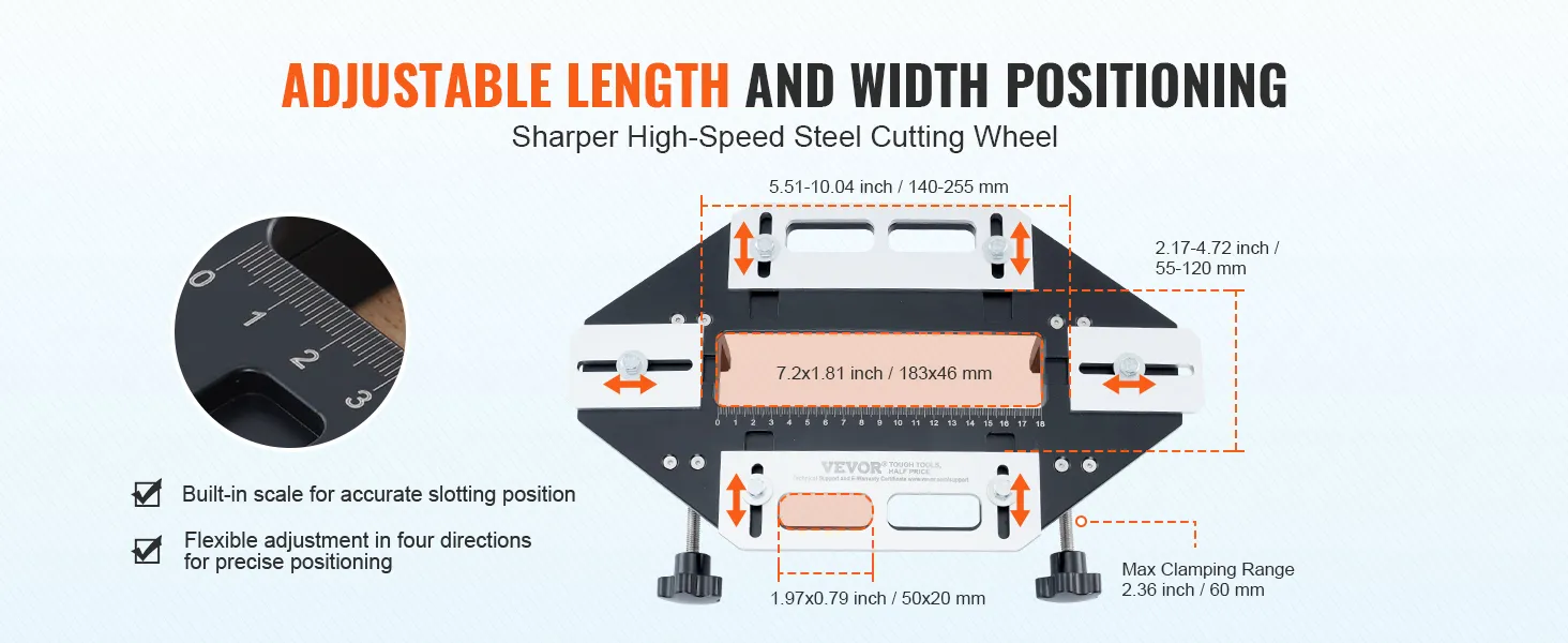 Szablon do montażu zawiasów drzwiowych VEVOR charakteryzuje się regulowaną długością i szerokością, wbudowaną skalą i elastyczną regulacją.