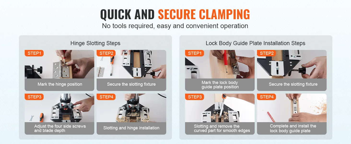 szybkie i bezpieczne zaciskanie otworów na zawiasy i montaż prowadnicy korpusu zamka przy użyciu szablonu do montażu zawiasów drzwiowych VEVOR.