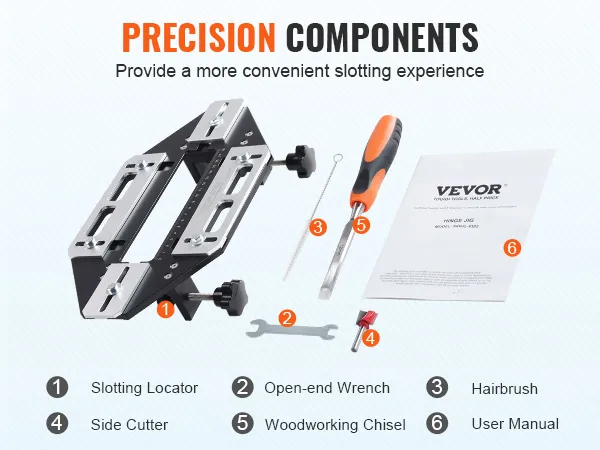 Szablon do montażu zawiasów drzwiowych VEVOR z lokalizatorem rowków, kluczem płaskim, szczotką do włosów, obcinakiem bocznym, dłutem do obróbki drewna i instrukcją obsługi.