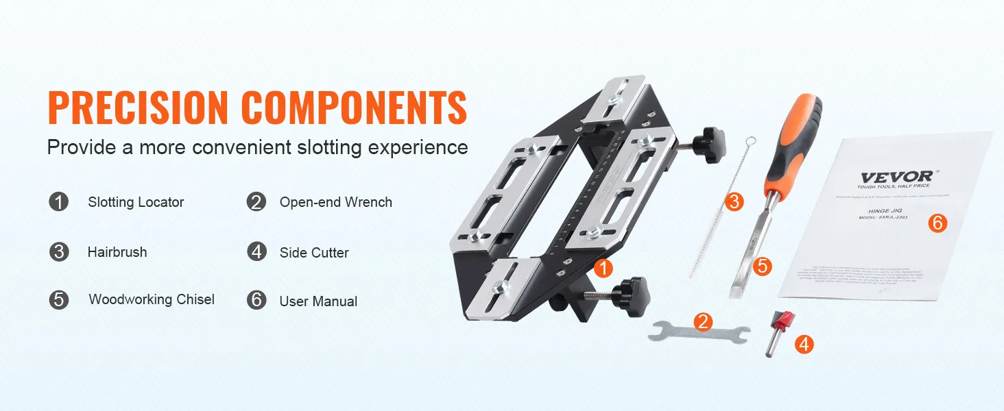 Szablon do montażu zawiasów drzwiowych VEVOR z lokalizatorem rowków, kluczem płaskim, szczotką do włosów, obcinakiem bocznym, dłutem do obróbki drewna i instrukcją obsługi.