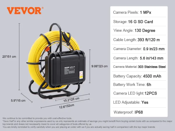 Detalles de la cámara de alcantarillado VEVOR con cable amarillo, cámara de 1 megapíxeles, cable de 110 m, batería de 6 h, acero inoxidable 303.