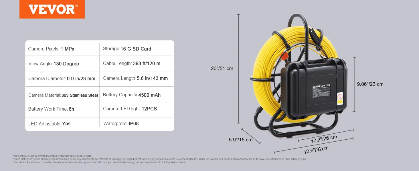 Detalles de la cámara de alcantarillado VEVOR con cable amarillo, cámara de 1 megapíxeles, cable de 110 m, batería de 6 h, acero inoxidable 303.