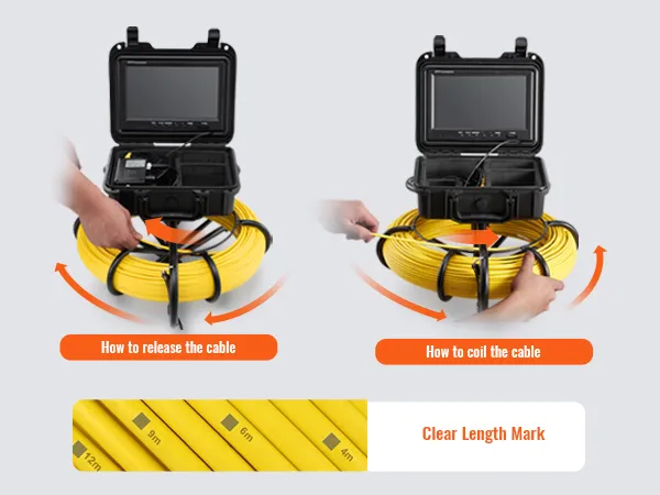 Función de marca de longitud clara e instrucciones de uso para liberar y enrollar el cable en la cámara de alcantarillado VEVOR.