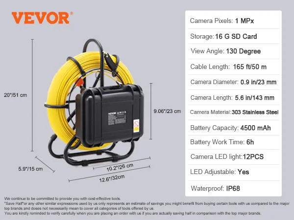 VEVOR sewer camera with 1mp, 130° view, 165ft cable, 4500mah battery, and 12 led lights, waterproof ip68.