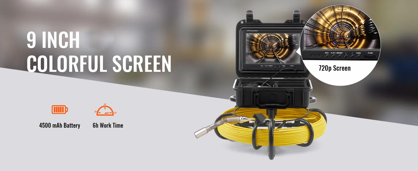 9 inch hd screen VEVOR sewer camera with crystal clear, vivid color and 4500 mah battery for 6h work.