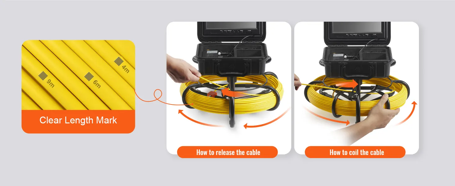 clear length marks and easy-to-use cable coiling for the VEVOR sewer camera.