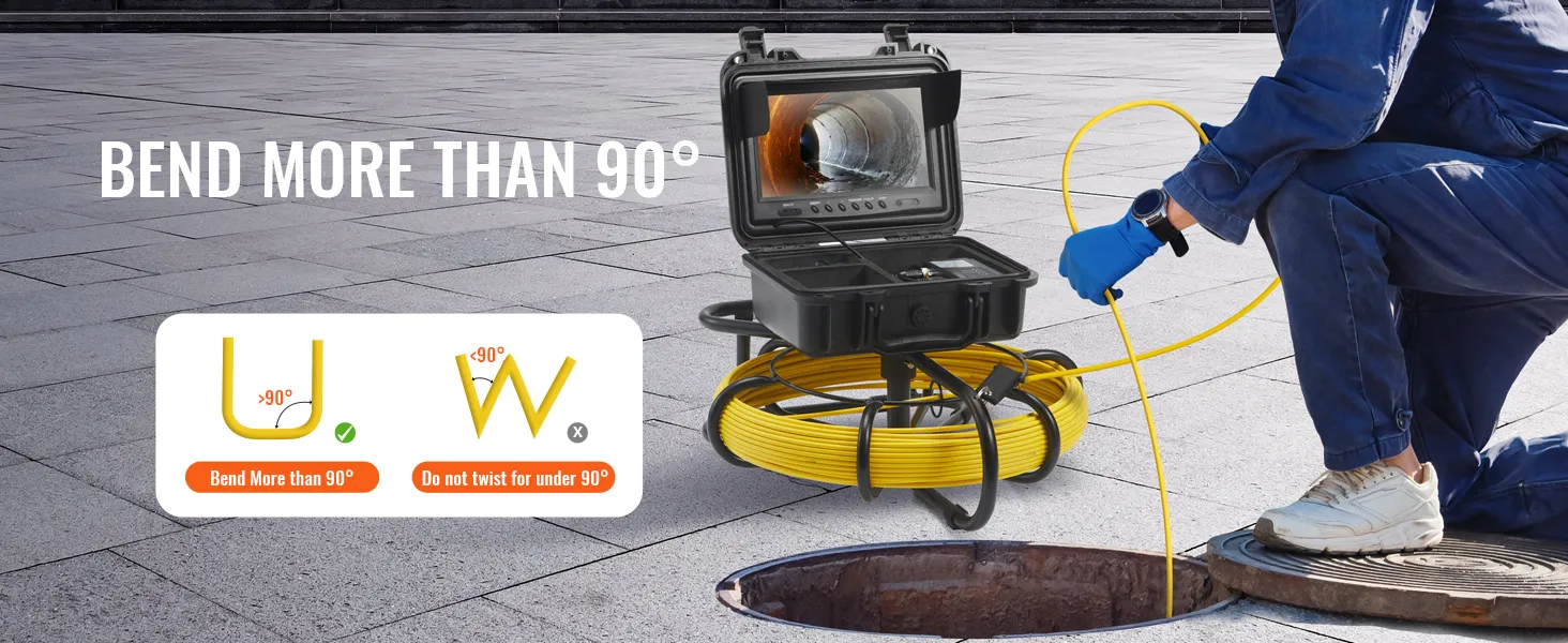 VEVOR sewer camera in use, showcasing its ability to bend more than 90 degrees for optimal sewer inspection.