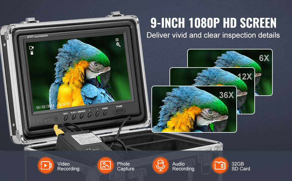 VEVOR Plumbing Snake with Camera – 512Hz Locator, 12 LEDs