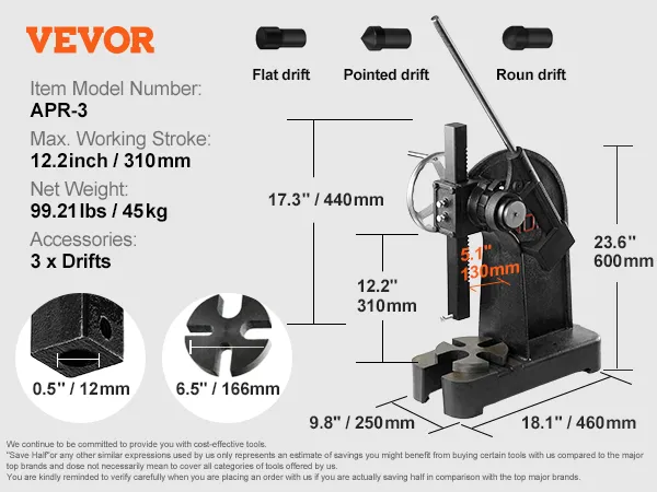VEVOR arbor press apr-3 model with dimensions, 12.2-inch stroke, 99.21lbs weight, and 3 drifts.