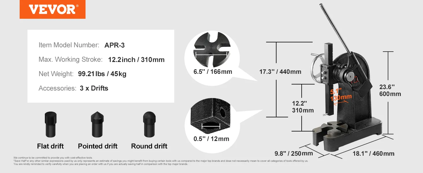 VEVOR arbor press apr-3 model with dimensions, 12.2-inch stroke, 99.21lbs weight, and 3 drifts.