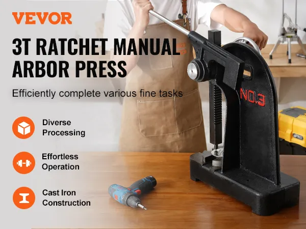 VEVOR arbor press 3t ratchet manual showcasing diverse processing and effortless operation.