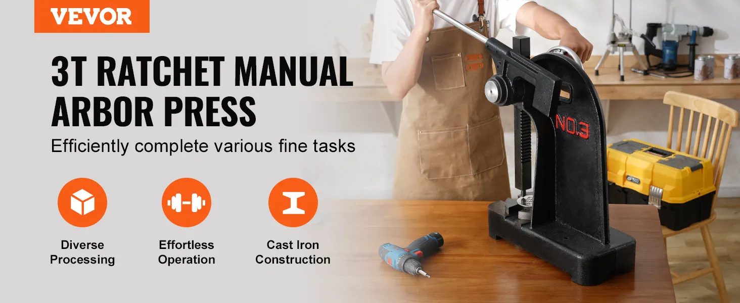 VEVOR arbor press 3t ratchet manual showcasing diverse processing and effortless operation.