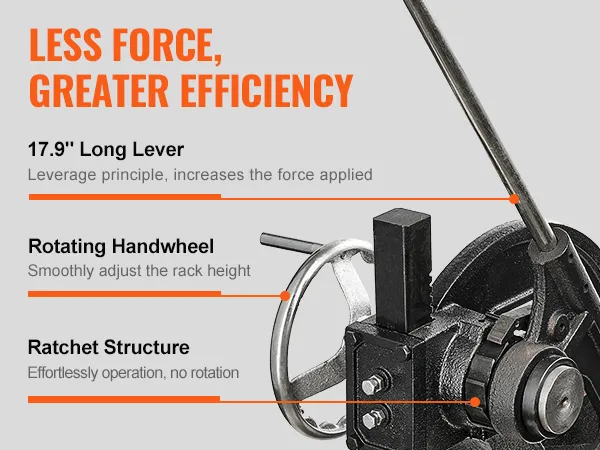 VEVOR arbor press with long lever, rotating handwheel, and ratchet structure for greater efficiency.