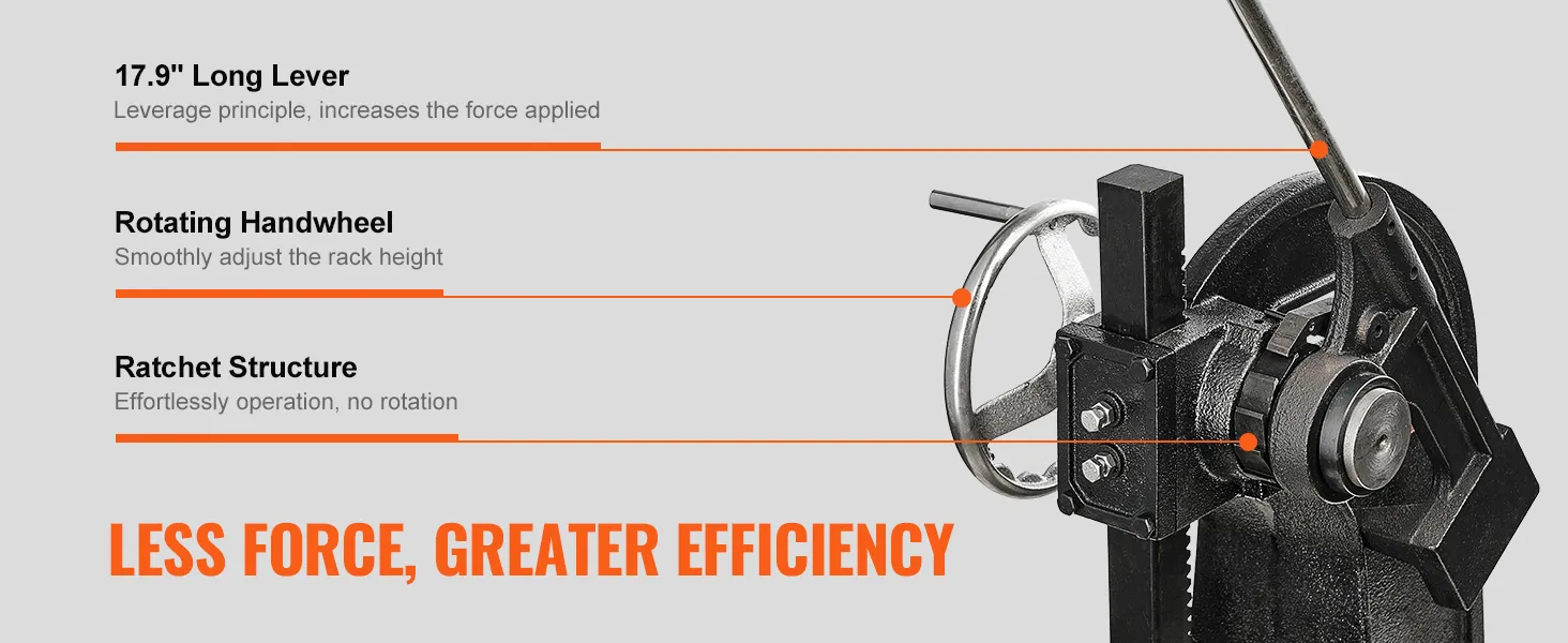 VEVOR arbor press with long lever, rotating handwheel, and ratchet structure for greater efficiency.