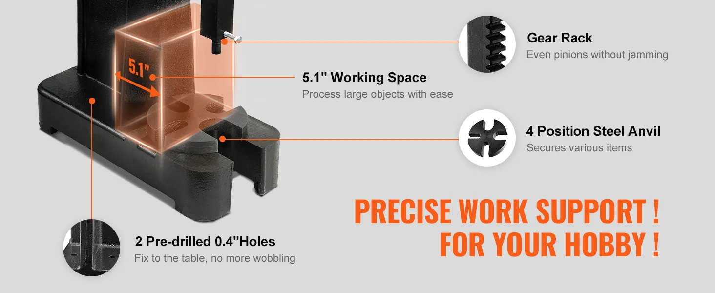 VEVOR arbor press with 5.1" working space, gear rack, 4-position steel anvil, and pre-drilled holes.