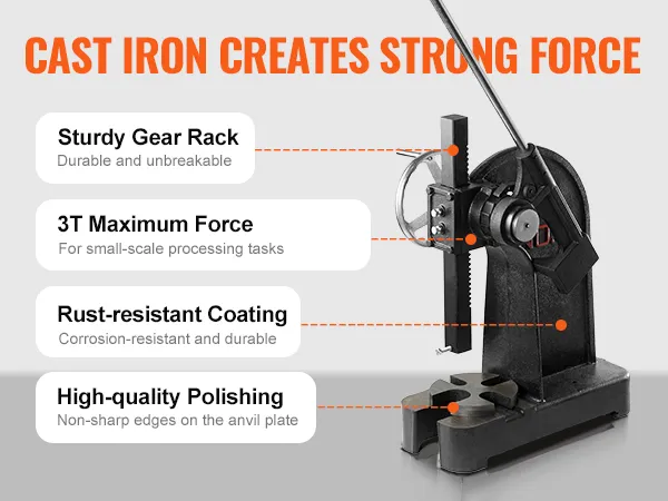 VEVOR arbor press, cast iron, 3t force, sturdy gear rack, rust-resistant, high-quality polished anvil.