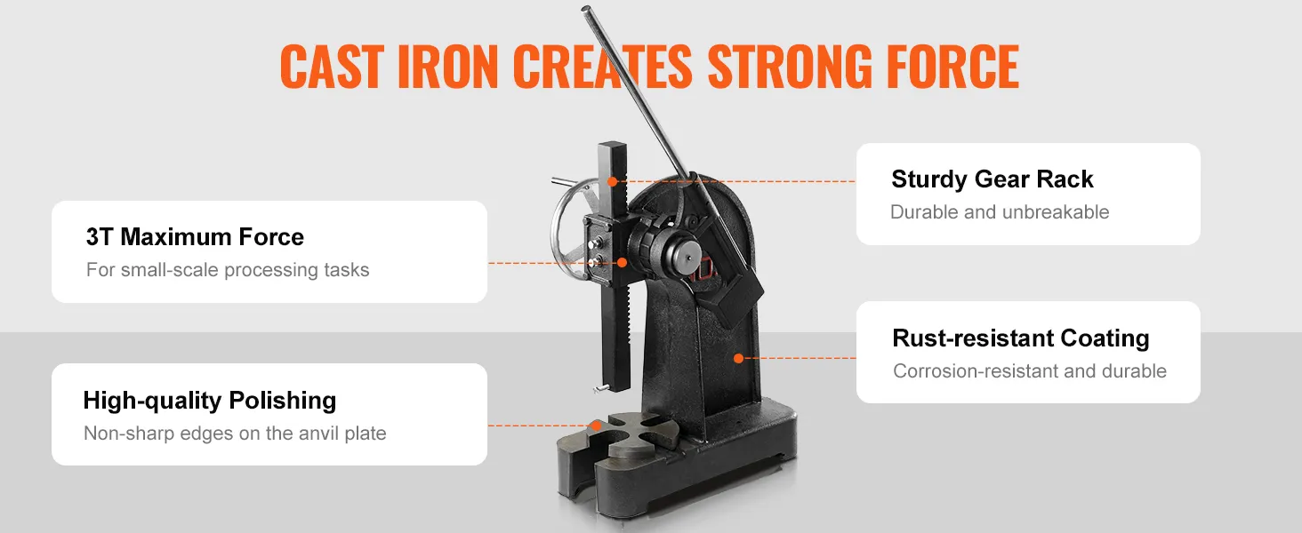 VEVOR arbor press, cast iron, 3t force, sturdy gear rack, rust-resistant, high-quality polished anvil.