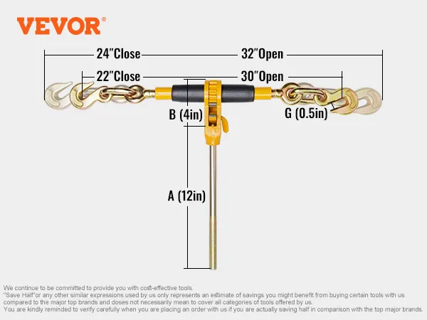 Dimensiones del tensor de cadena de trinquete VEVOR: 24"-32" abierto, 22"-30" cerrado, mango de 4", eje de 12", gancho de 0,5".