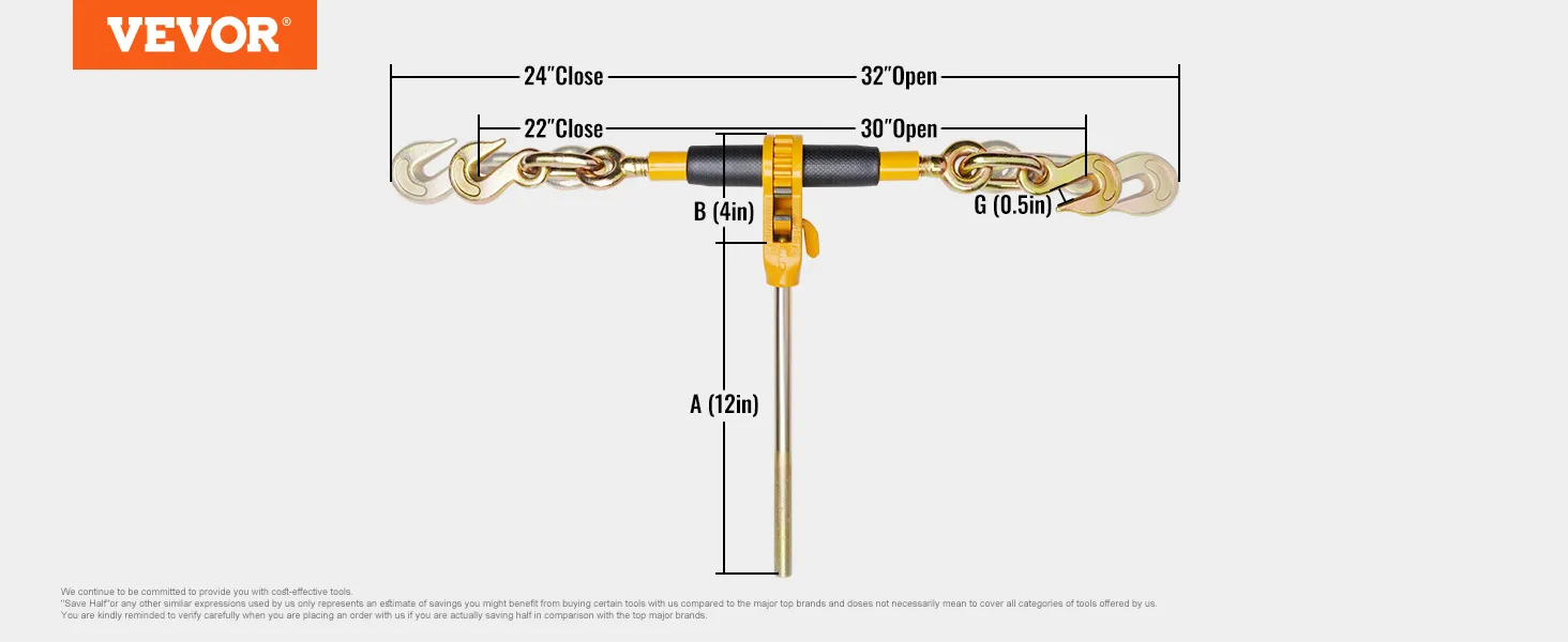 VEVOR ratchet chain binder dimensions: 24"-32" open, 22"-30" close, 4" handle, 12" shaft, 0.5" hook.