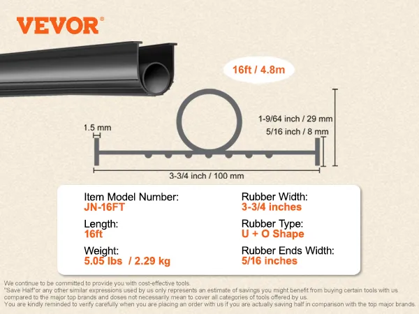VEVOR garage door seals 16ft dimensions, weight 5.05 lbs, and u+o shape rubber width 3-3/4 inches.