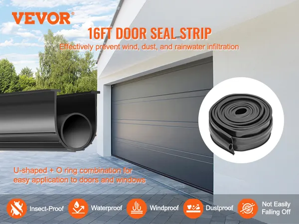 VEVOR garage door seals 16ft strip prevents wind, dust, rainwater infiltration; insect-proof, waterproof.