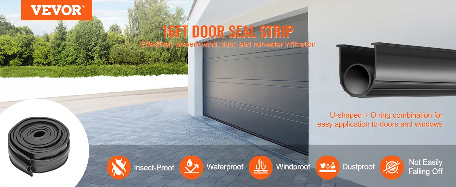 VEVOR garage door seals 16ft strip prevents wind, dust, rainwater infiltration; insect-proof, waterproof.