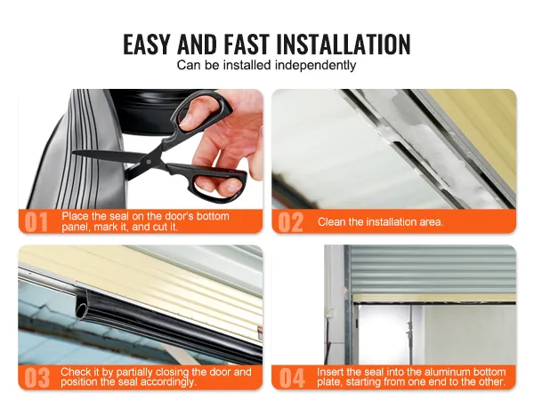 easy installation steps for VEVOR garage door seals: measure, cut, clean, check alignment, and insert.