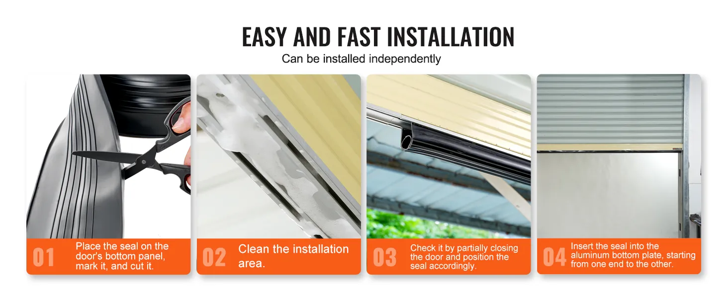 easy installation steps for VEVOR garage door seals: measure, cut, clean, check alignment, and insert.