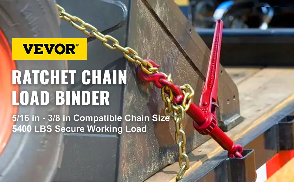 VEVOR chain load binder kit in use securing heavy machinery with a ratchet binder and gold chain.
