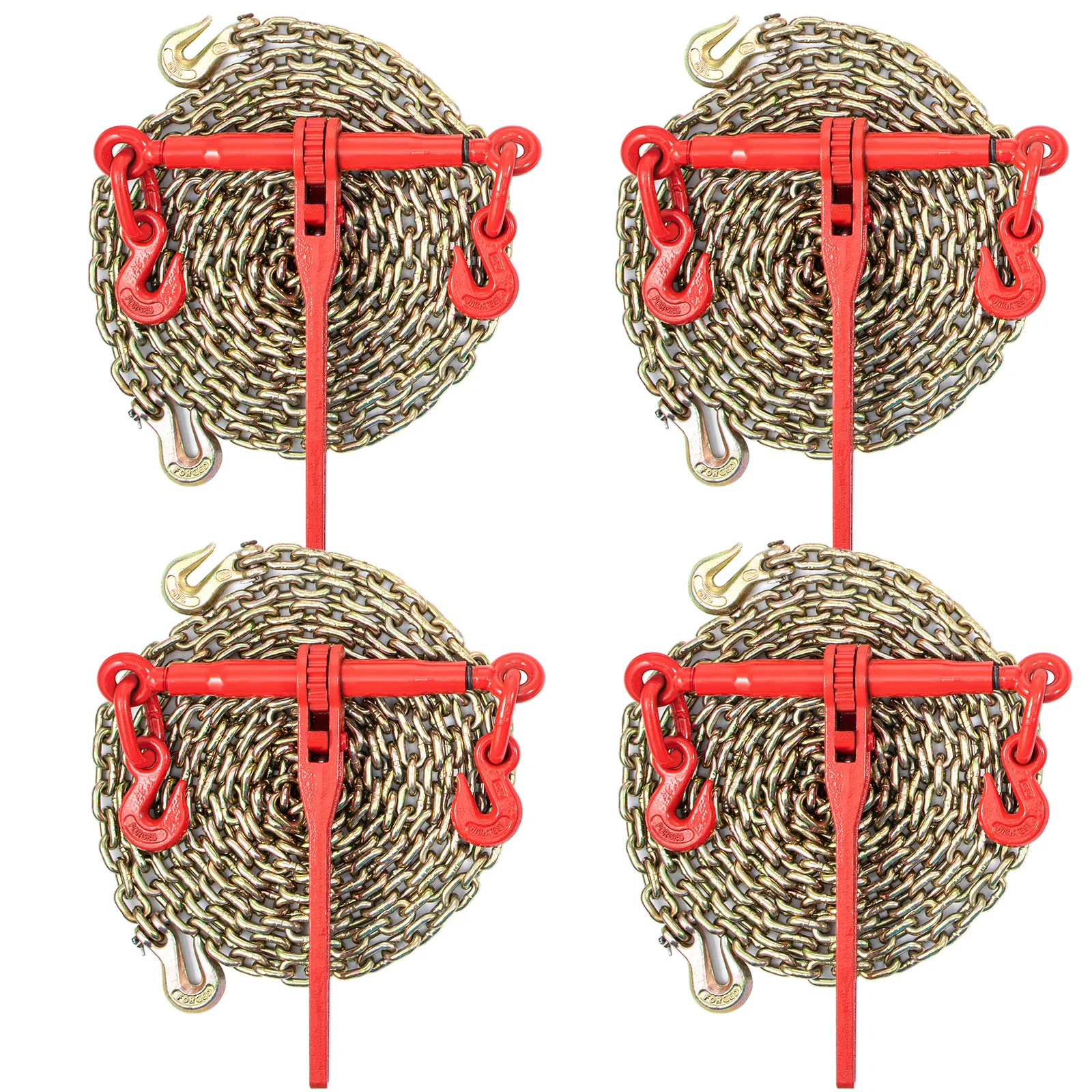 four coiled chains with red load binders and hooks – VEVOR chain load binder kit.