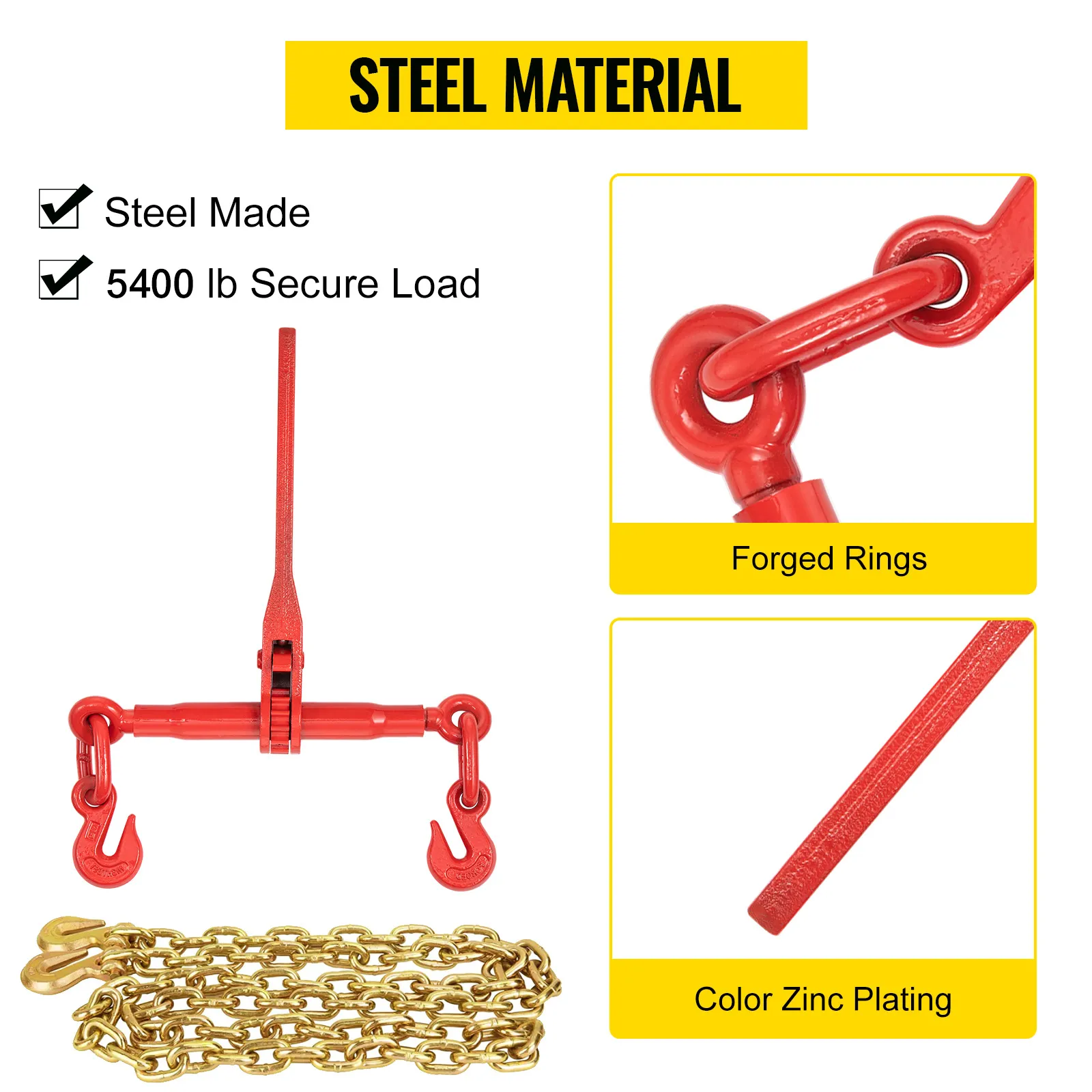 VEVOR chain load binder kit: steel material with forged rings, color zinc plating, 6600 lb secure load.