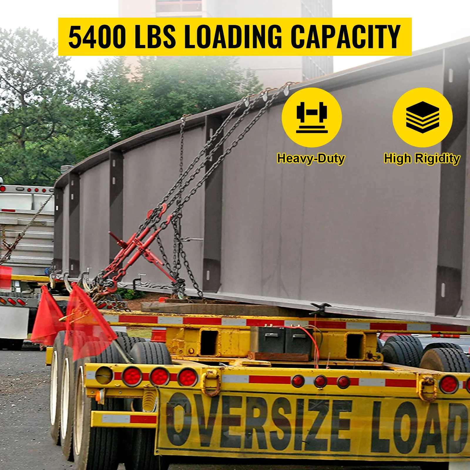 VEVOR chain load binder kit securing heavy-duty load on a flatbed trailer. 6600 lbs capacity.
