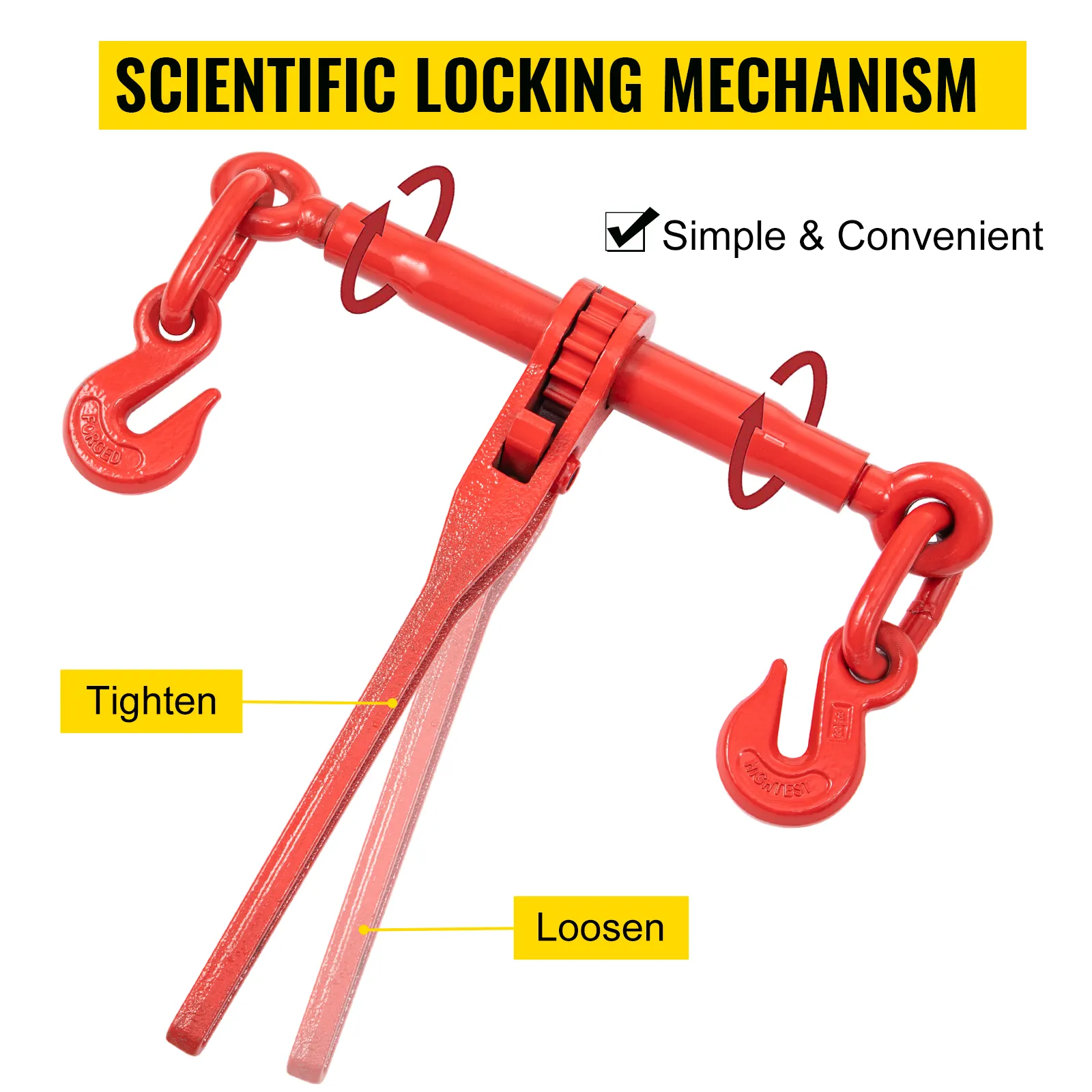 VEVOR chain load binder kit with scientific locking mechanism, labeled instructions for tightening and loosening.