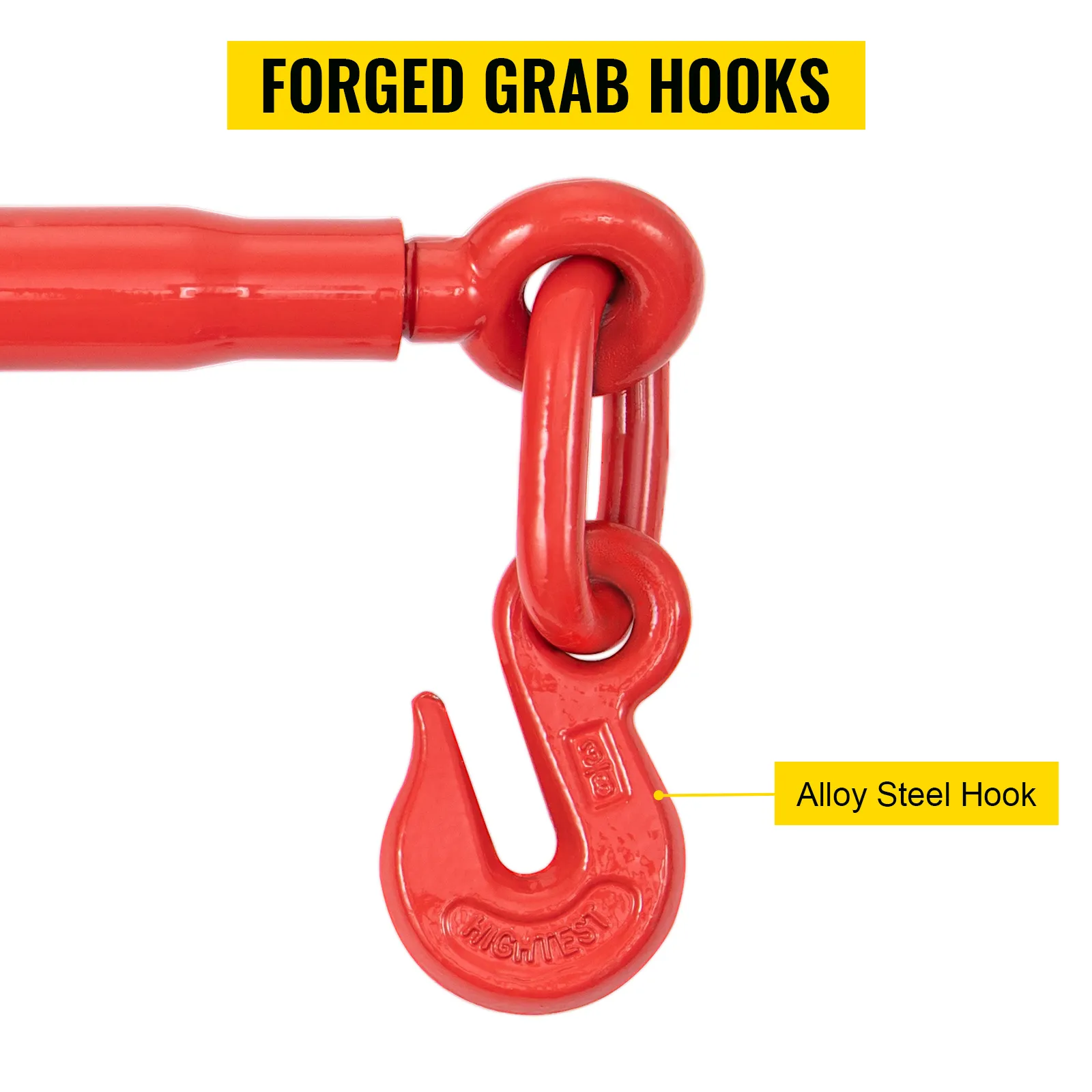 red alloy steel hook detail in the VEVOR chain load binder kit with "forged grab hooks" label.