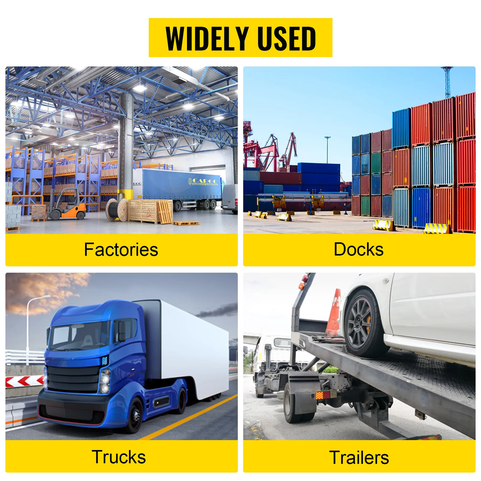 VEVOR chain load binder kit used in factories, docks, trucks, and trailers with yellow labels and images.