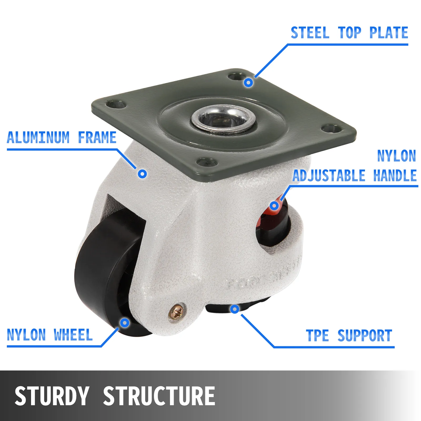 VEVOR leveling casters with an aluminum frame, steel top plate, and nylon wheel.